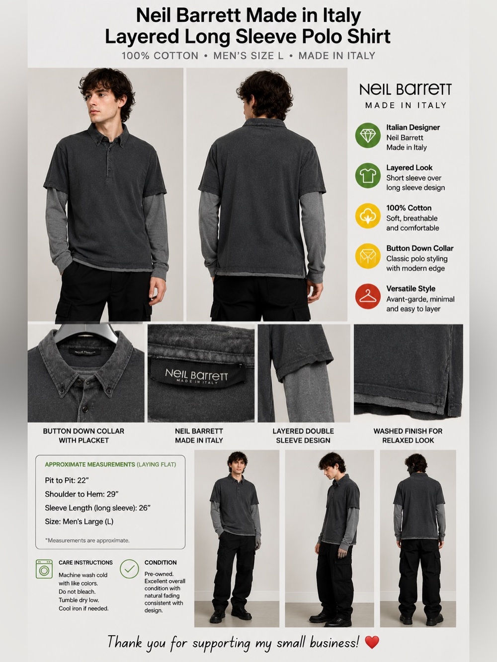 Neil Barrett Made in Italy Layered Long Sleeve Polo Shirt Gray Men’s L Designer